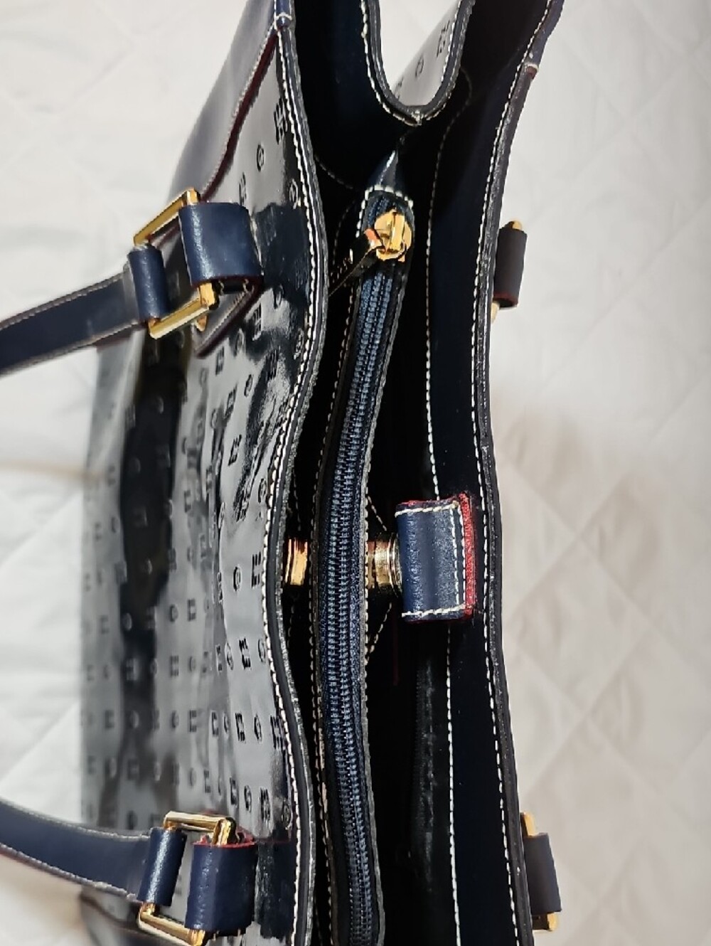 Arcadia Navy Patent Shoulder Tote with Gold Hardware - Picture 6 of 15